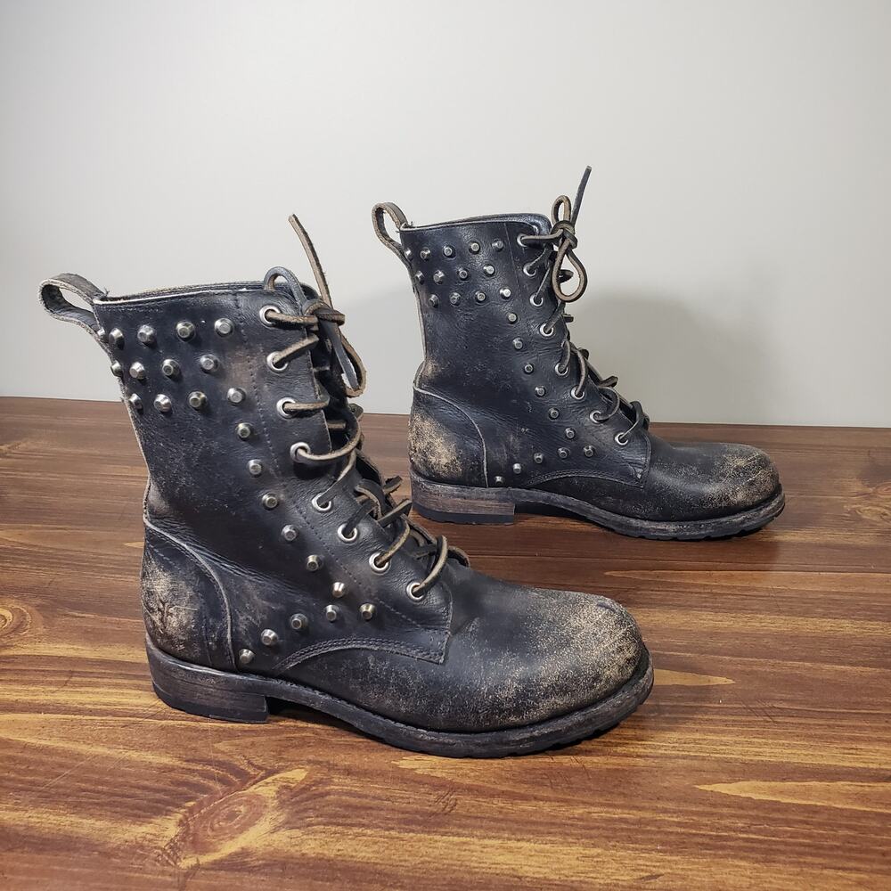 Frye Rogan Studded Distressed Lace up Boots Stonewash Black Womens 7 - Picture 6 of 10